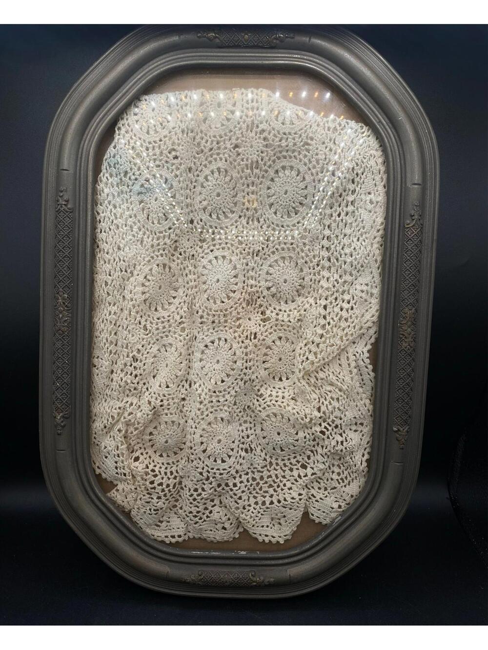 Antique Oval Frame Framed Crochet Lace Textile Victorian Wall Art Cottagecore